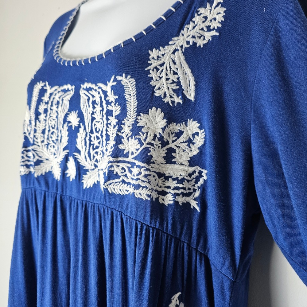 Chelsea Theodore Embroidered‎ Blue Dress XL 3/4 Sleeve Empire Waist Boho Flowy - Picture 2 of 11